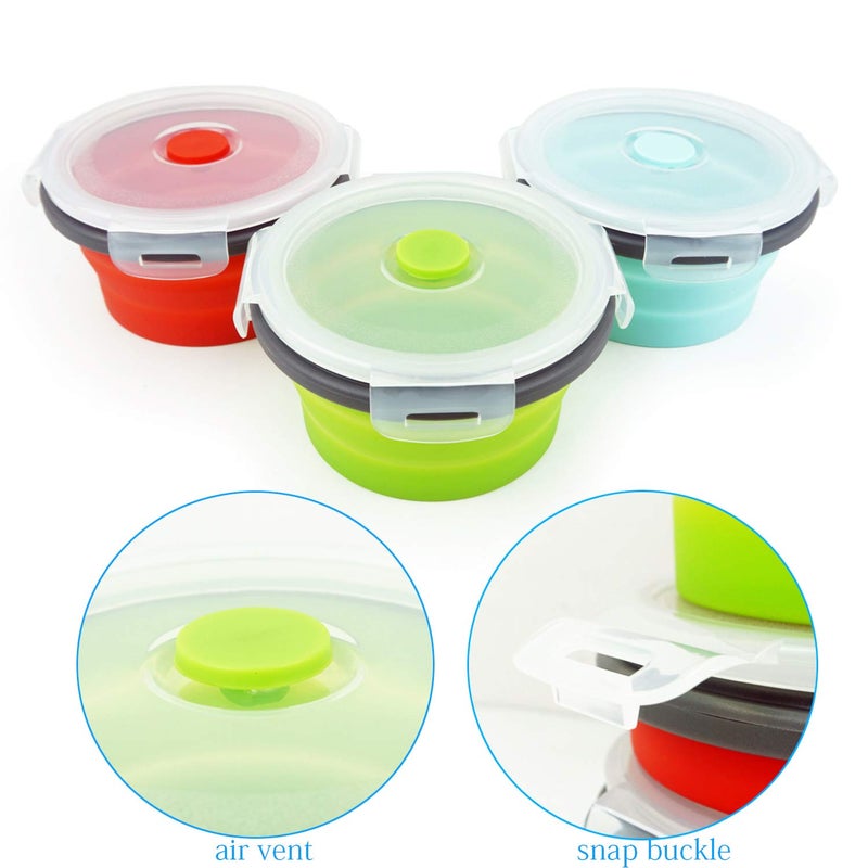 CCyanzi Ecomorning 3Piece Round Collapsible Lunch Container Silicone Food Storage Containers Collapsible Camping Bowl with Airtight Silicone Lids, Microwave, & Freezer Safe, 350ML - Image 4